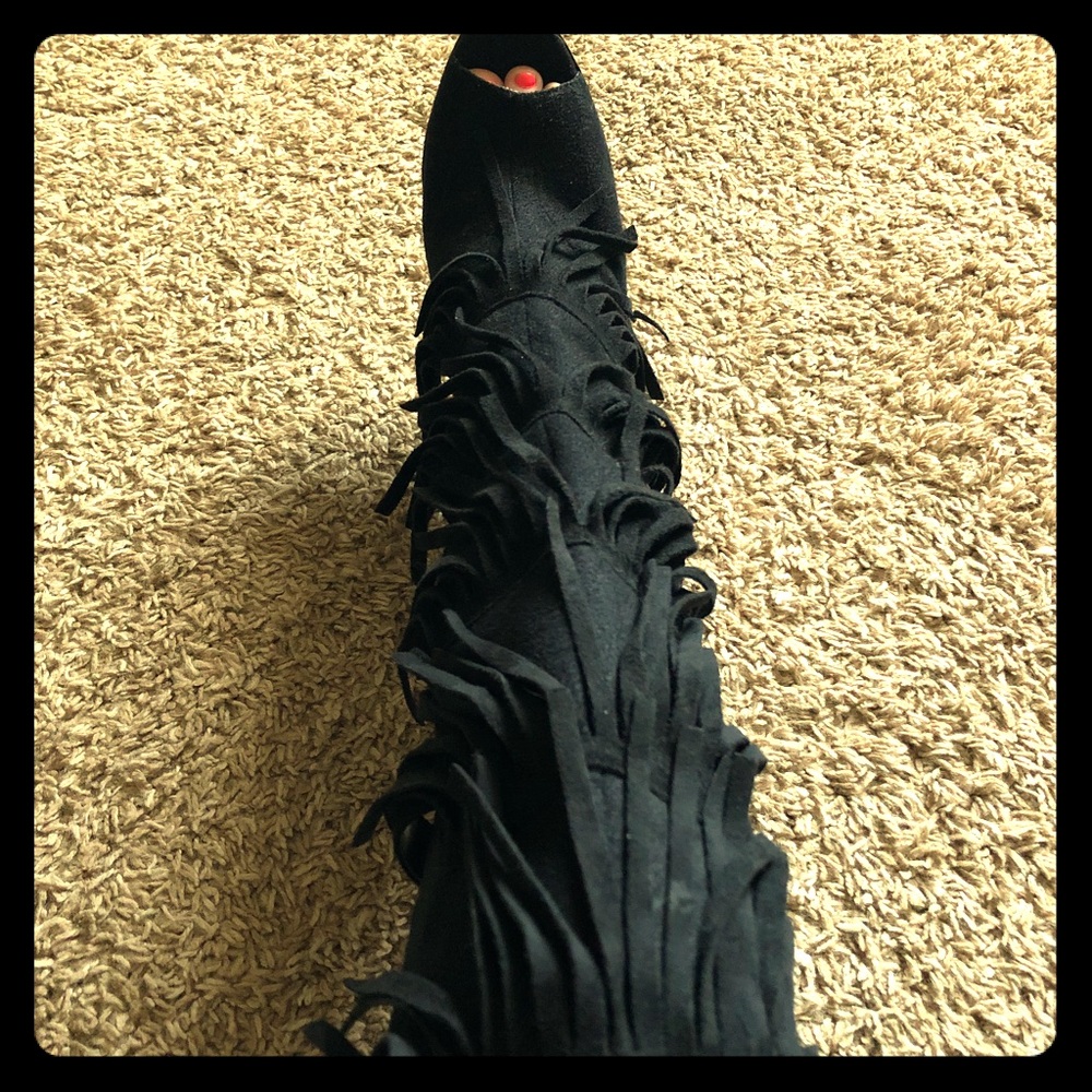 Black Fringe Knee High Heel!